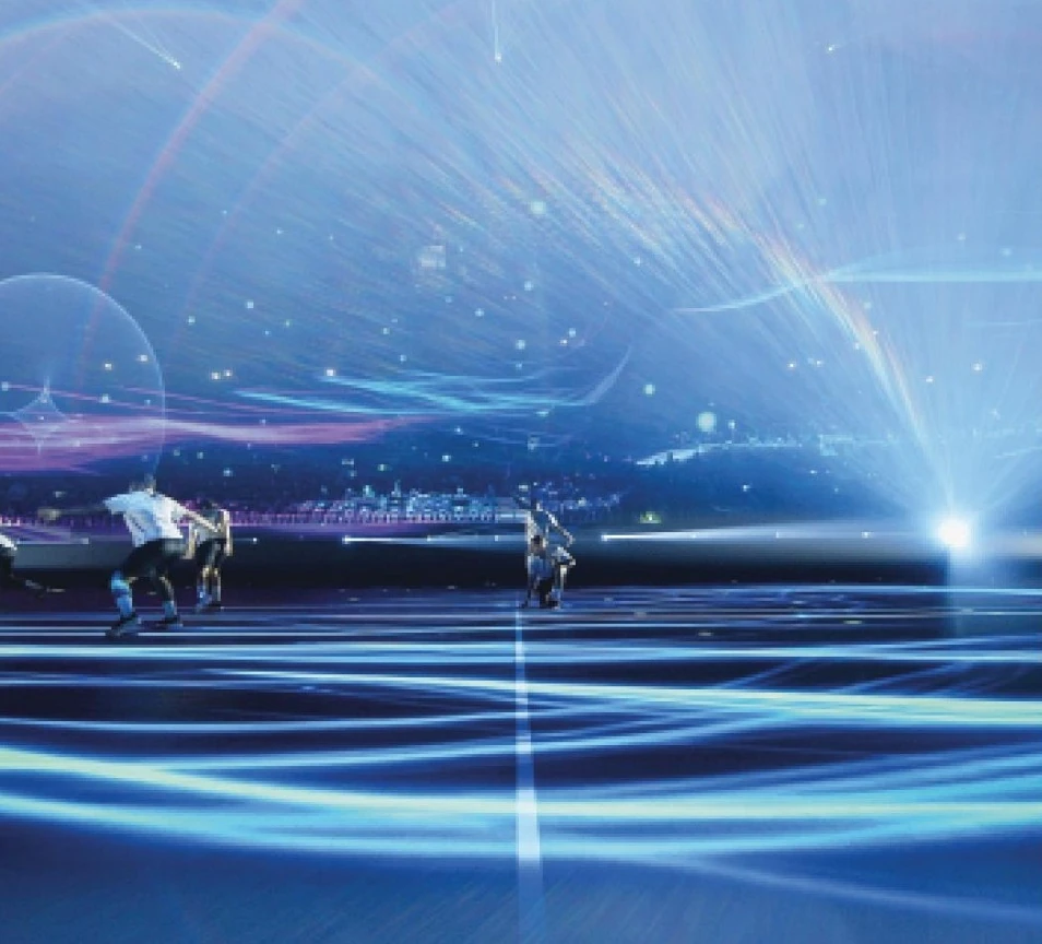 Performers and light beams on a stage shown in the Creative Hub portfolio