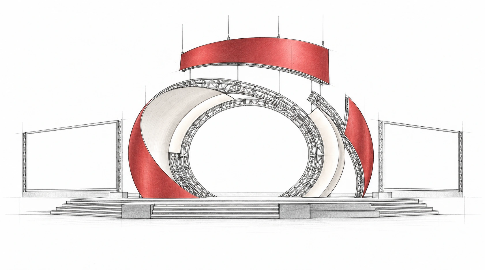 Architectural study of the sculptural stage, with structural ribs and muted red shell panels