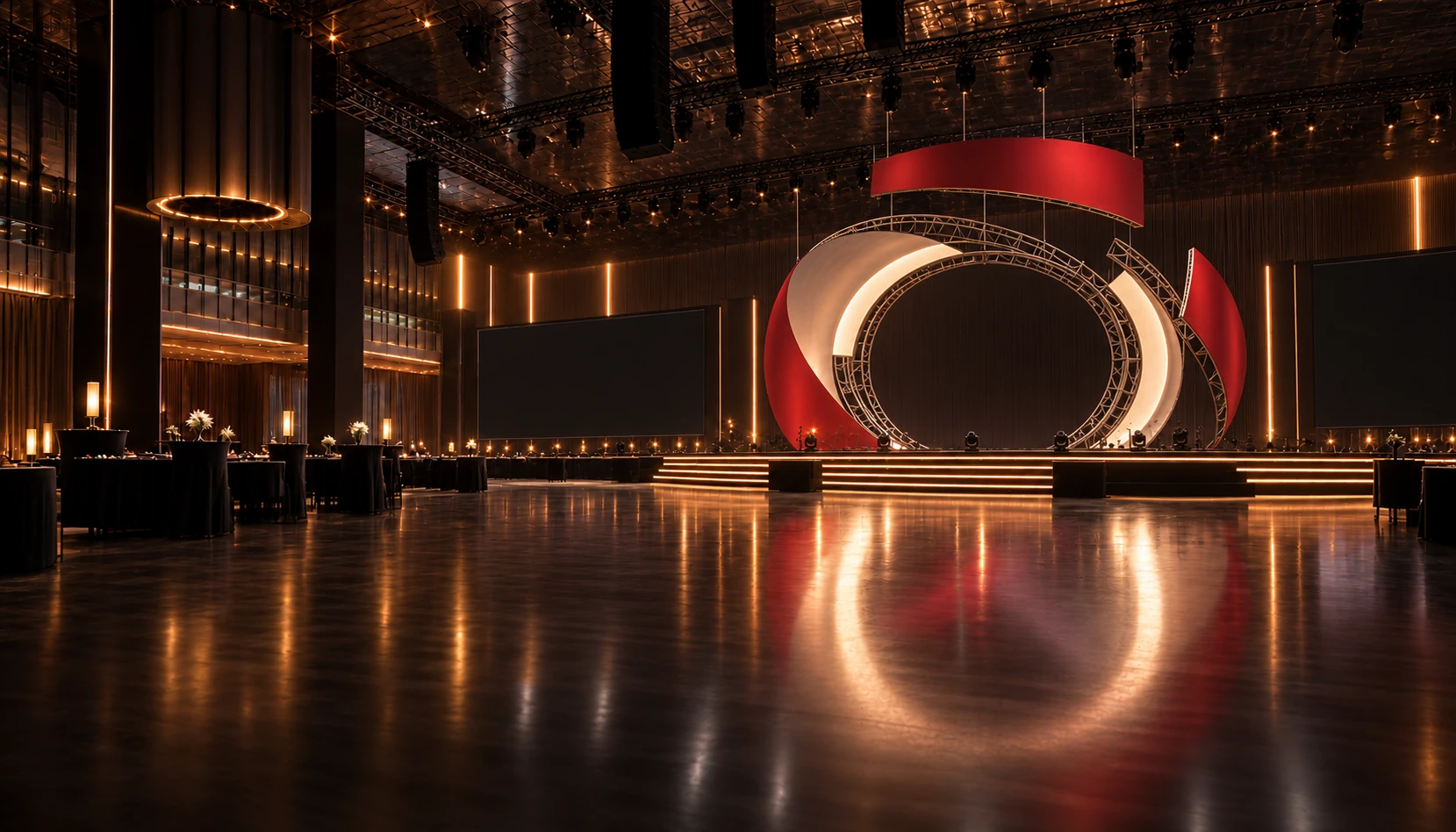 A stage concept in assembly, showing its structure and red shell